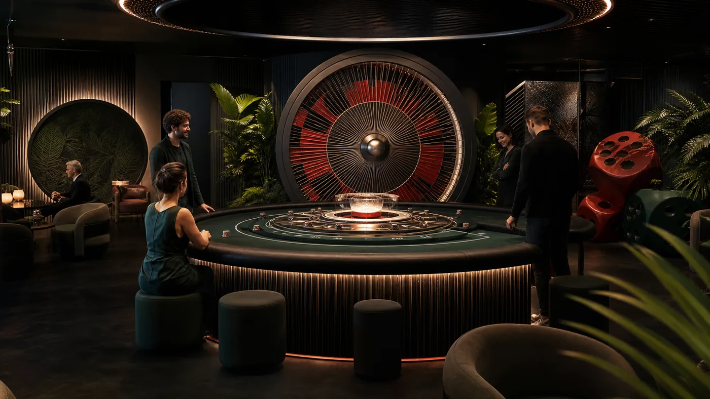 Contemporary casino game lounge with wheel and dice installations
