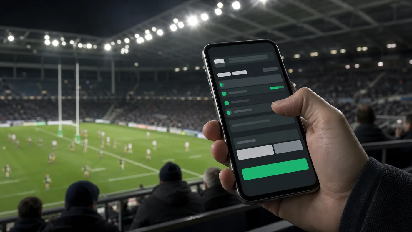 Mobile sports bet slip during a live rugby match