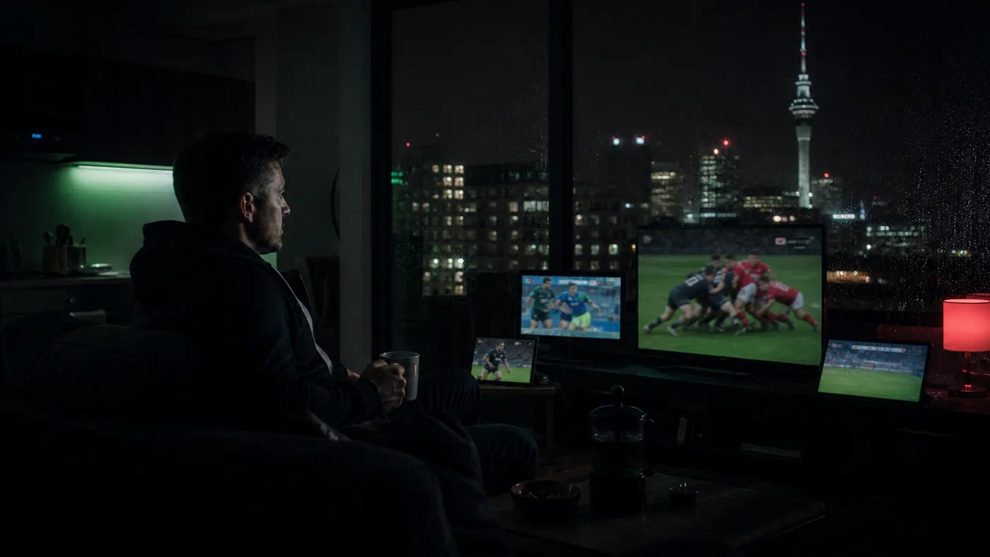 New Zealand rugby supporter following international matches at night